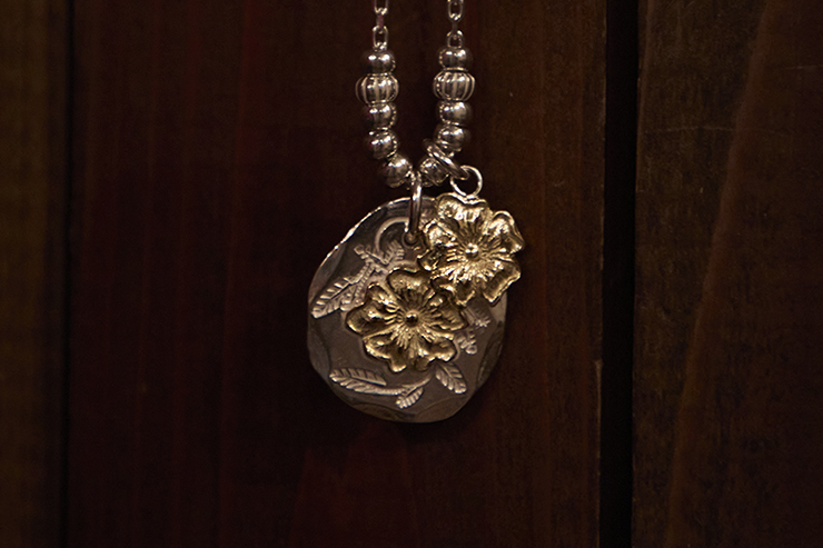 Leaf Stamped Rose Pendant (18K Gold Accent) / 18K Gold Rose Pendant, Large