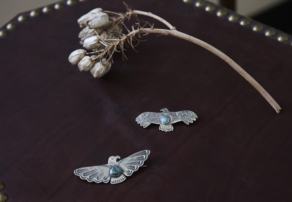 Square Repousse Bracelet / Thunderbird Pin / Kazekiri Feather