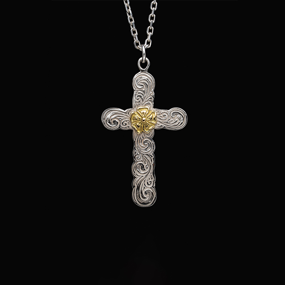 KARAKUSA ROSE CROSS PENDANT No. 42 (18K GOLD ACCENT)