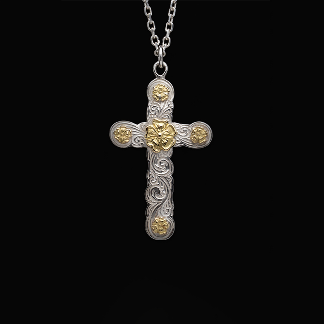 KARAKUSA 5 ROSES CROSS PENDANT No. 195 (18K GOLD ACCENT)